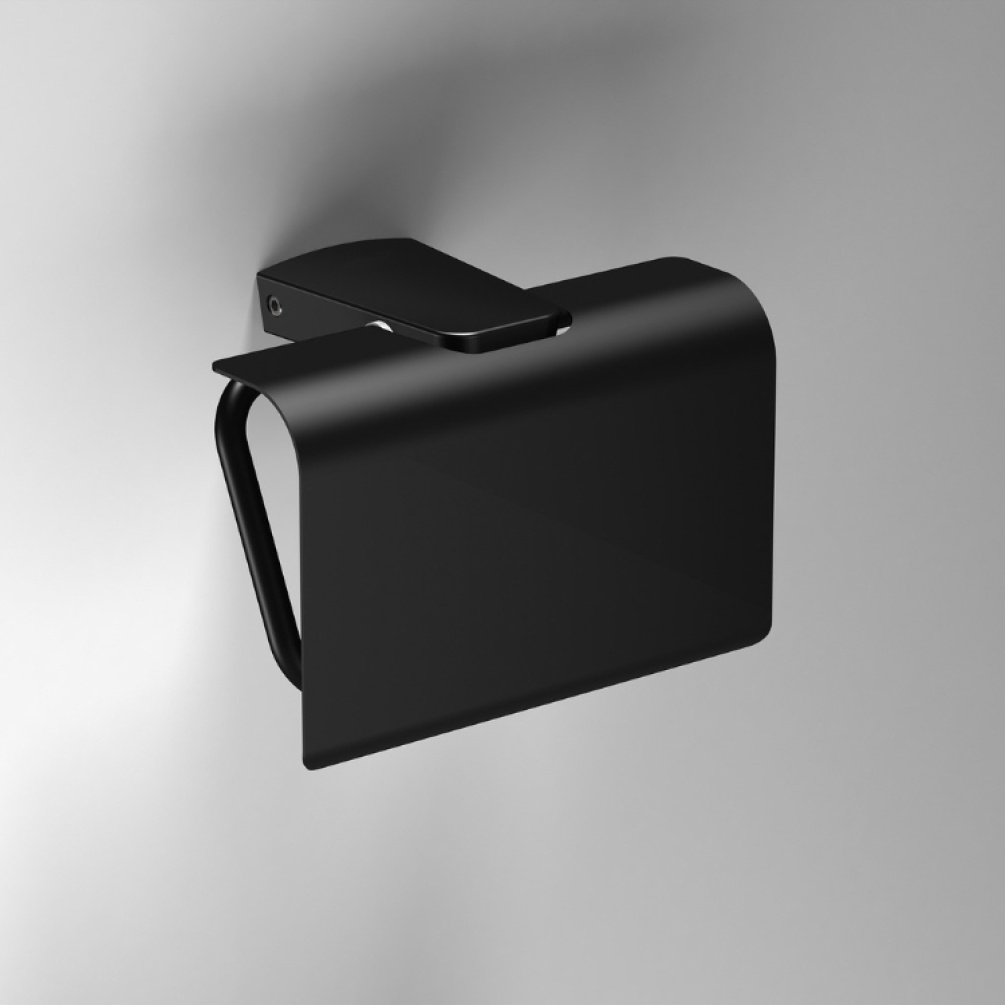 Close up product image of the Origins Living S6 Black Toilet Roll Holder with Flap